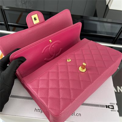Cha.nel Medium Classic Flap Bag Grained Calfskin Gold Tone Metal Fuchsia 01112