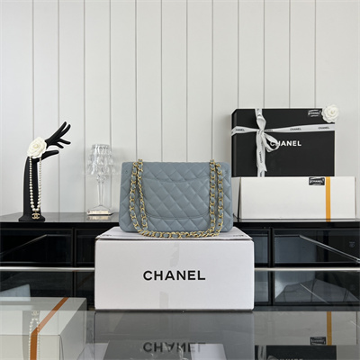 Cha.nel Medium Classic Flap Bag Grained Calfskin Gold Tone Metal Lt Blue 01112