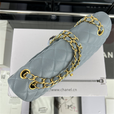 Cha.nel Medium Classic Flap Bag Grained Calfskin Gold Tone Metal Lt Blue 01112