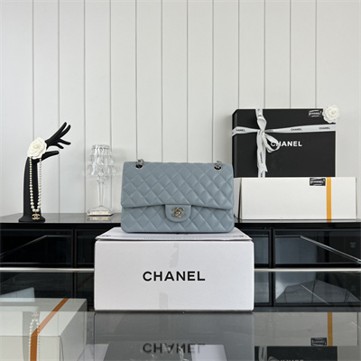 Cha.nel Medium Classic Flap Bag Grained Calfskin Silver Tone Metal Lt Blue 01112