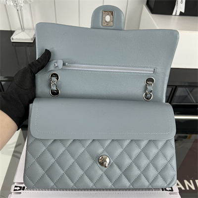 Cha.nel Medium Classic Flap Bag Grained Calfskin Silver Tone Metal Lt Blue 01112