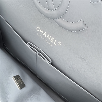 Cha.nel Medium Classic Flap Bag Grained Calfskin Silver Tone Metal Lt Blue 01112