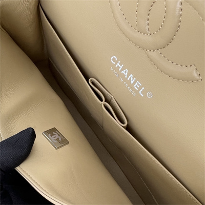 Cha.nel Medium Classic Flap Bag Grained Calfskin Silver Tone Metal Beige 01112