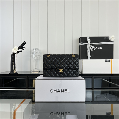 Cha.nel Medium Classic Flap Bag Lambskin Gold Tone Metal Black 01112