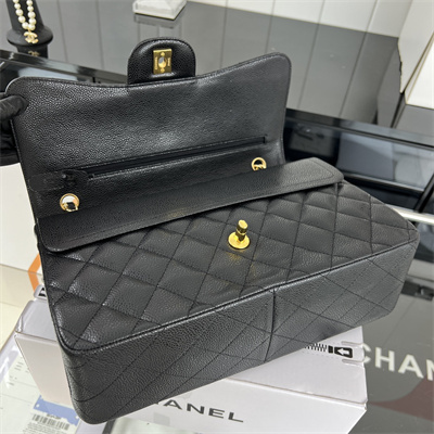 Cha.nel Large Classic Flap Bag Grained Calfskin Gold Tone Metal Black 58600(Flap Edge Stitch)