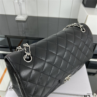 Cha.nel Large Classic Flap Bag Grained Calfskin Silver Tone Metal Black 58600(Flap Edge Stitch)