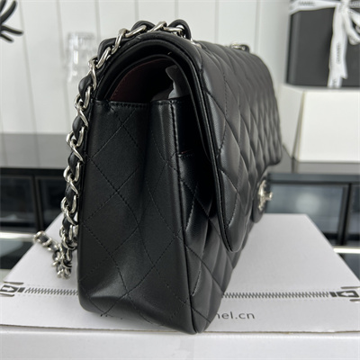 Cha.nel Large Classic Flap Bag Lambskin Silver Tone Metal Black 58600