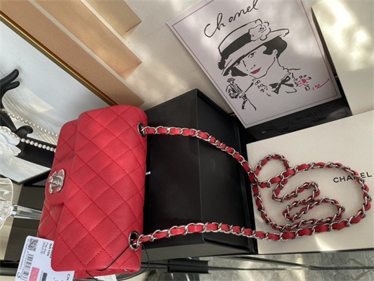 Cha.nel Mini Classic Flap Bag Grained Calfskin Silver Tone Metal Red 01116