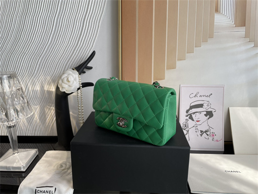 Cha.nel Mini Classic Flap Bag Grained Calfskin Silver Tone Metal Green 01116