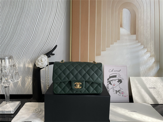 Cha.nel Mini Classic Flap Bag Grained Calfskin Gold Tone Metal Dk Green 01116