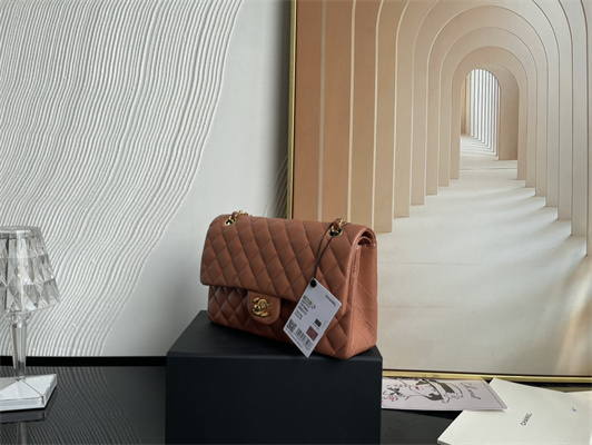 Cha.nel Medium Classic Flap Bag Grained Calfskin Gold Tone Metal Caramel 01112