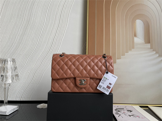 Cha.nel Medium Classic Flap Bag Grained Calfskin Silver Tone Metal Caramel 01112