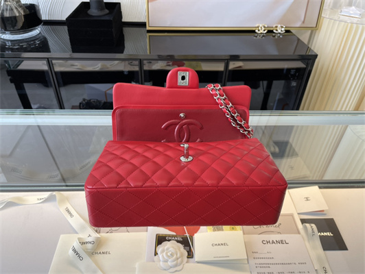 Cha.nel Medium Classic Flap Bag Lambskin Silver Tone Metal Red 01112