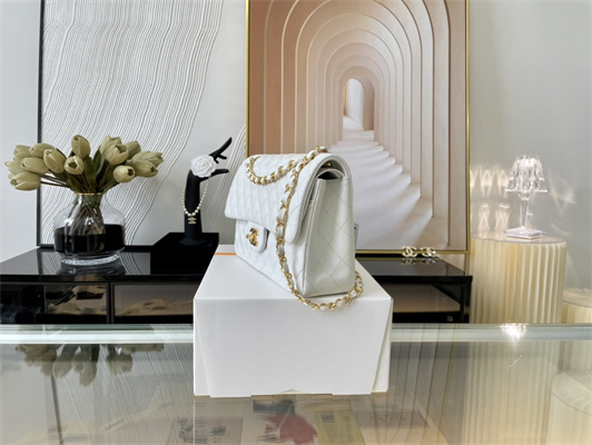 Cha.nel Medium Classic Flap Bag Lambskin Gold Tone Metal White 01112