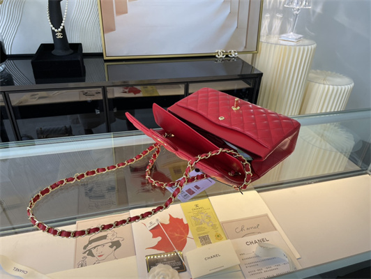 Cha.nel Medium Classic Flap Bag Lambskin Gold Tone Metal Red 01112