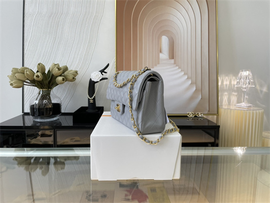 Cha.nel Medium Classic Flap Bag Lambskin Gold Tone Metal Lt Blue 01112