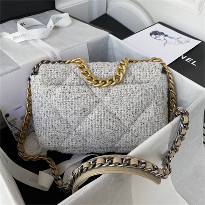 Chanel 19 Handbag Wool Tweed Gold Double C Metal Lt Grey AS1160