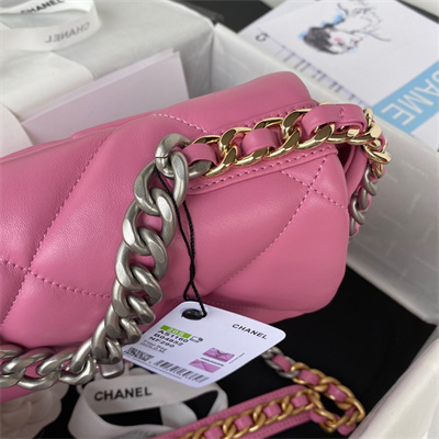 Cha.nel 19 Handbag Lambskin Silver Double C Metal Fuchsia Pink AS1160
