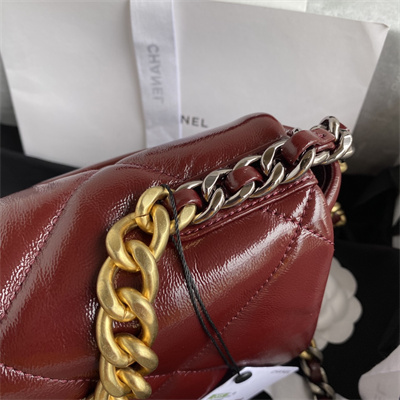 Chanel 19 Handbag Shiny Aged Calfskin Gold Double C Metal Burgundy AS1160