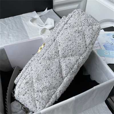 Cha.nel 19 Large Handbag Wool Tweed Gold Double C Metal  Lt Grey AS1161