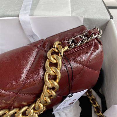 Cha.nel 19 Large Handbag Shiny Aged Calfskin Gold Double C Metal Burgundy AS1161