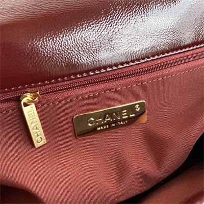 Cha.nel 19 Large Handbag Shiny Aged Calfskin Gold Double C Metal Burgundy AS1161