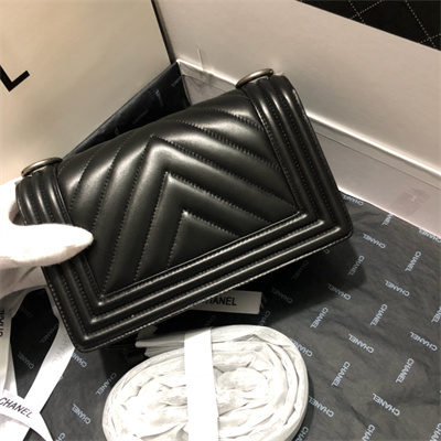 Cha.nel Small Leboy Bag Chevron Pattern Lambskin Aged Silver Metal Black A67085