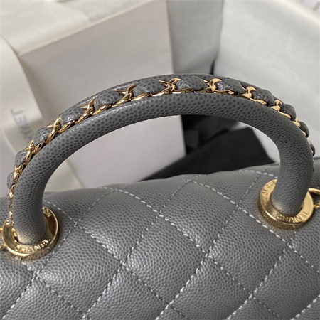 Cha.nel Small Coco Handle Bag Grained Calfskin Lt Gold Metal Grey A92990