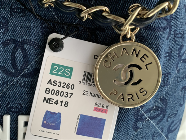 Cha.nel 22 Small Handbag Denim Gold Tone Metal AS3260