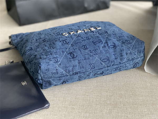 Cha.nel 22 Small Handbag Denim Silver Tone Metal AS3260