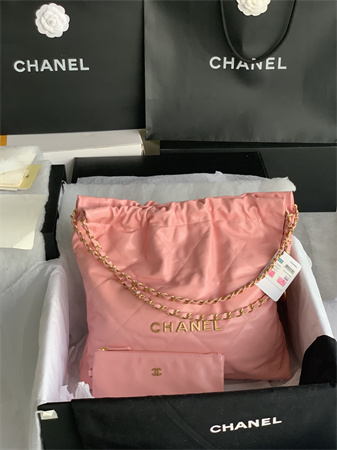 Cha.nel 22 Medium Handbag Shiny Calfskin Gold Tone Metal Pink AS3261