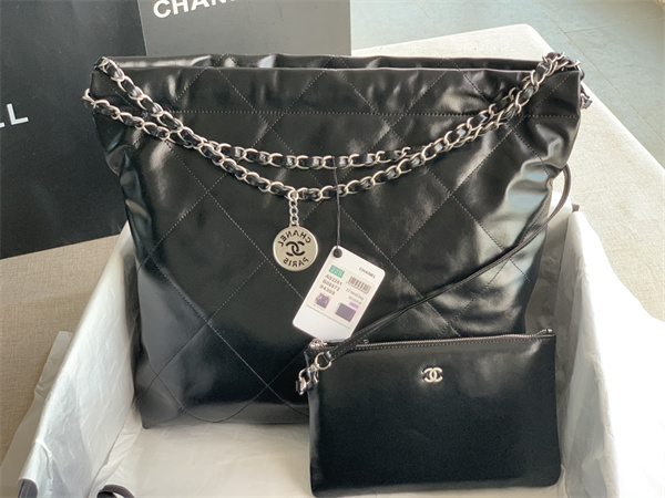 Cha.nel 22 Medium Handbag Shiny Calfskin Silver Tone Metal Black AS3261