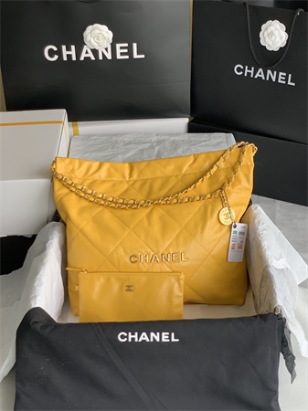 Cha.nel 22 Medium Handbag Shiny Calfskin Gold Tone Metal Yellow AS3261