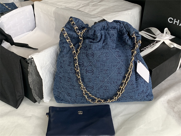 Cha.nel 22 Medium Handbag Denim Gold Tone Metal AS3261
