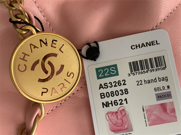 Cha.nel 22 Large Handbag Shiny Calfskin Gold Tone Metal Pink AS3262