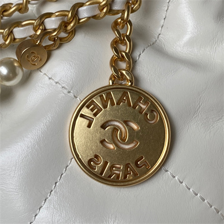 Cha.nel 22 Mini Handbag Shiny Calfskin Pearl Gold Tone Metal White AS3980