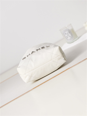 Cha.nel 22 Mini Handbag Shiny Calfskin Silver Tone Metal White AS3980