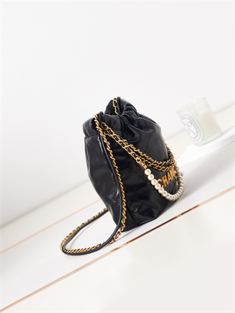 Cha.nel 22 Mini Handbag Shiny Calfskin Pearl Gold Tone Metal Black AS3980