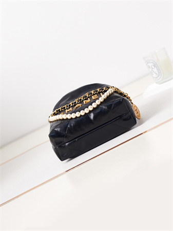 Cha.nel 22 Mini Handbag Shiny Calfskin Pearl Gold Tone Metal Black AS3980