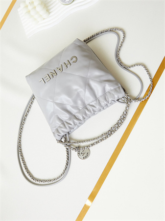 Cha.nel 22 Mini Handbag Shiny Calfskin Silver Tone Metal Grey AS3980