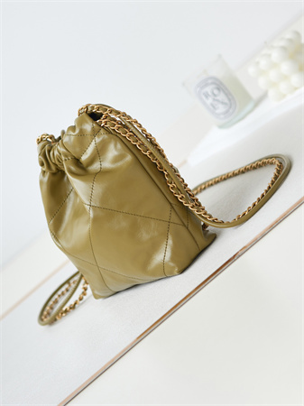 Cha.nel 22 Mini Handbag Shiny Calfskin Gold Tone Metal Mustard AS3980