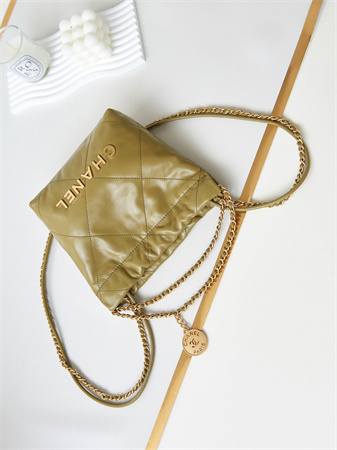 Cha.nel 22 Mini Handbag Shiny Calfskin Gold Tone Metal Mustard AS3980