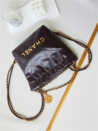 Cha.nel 22 Mini Handbag Shiny Calfskin Gold Tone Metal Coffee AS3980