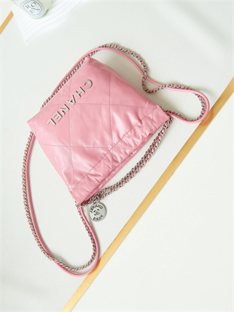 Cha.nel 22 Mini Handbag Shiny Calfskin Silver Tone Metal Lt Pink AS3980
