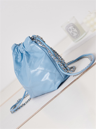 Cha.nel 22 Mini Handbag Shiny Calfskin Silver Tone Metal Blue AS3980