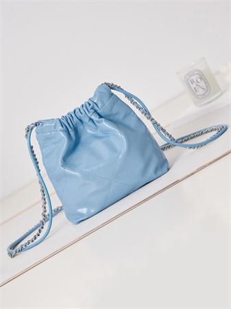 Cha.nel 22 Mini Handbag Shiny Calfskin Silver Tone Metal Blue AS3980