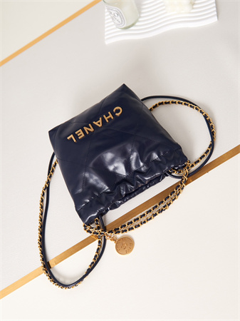 Cha.nel 22 Mini Handbag Shiny Calfskin Gold Tone Metal Navy AS3980