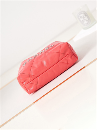 Cha.nel 22 Mini Handbag Shiny Calfskin Silver Tone Metal WaterMelon Red AS3980