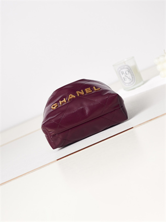 Cha.nel 22 Mini Handbag Shiny Calfskin Gold Tone Metal Burgundy AS3980