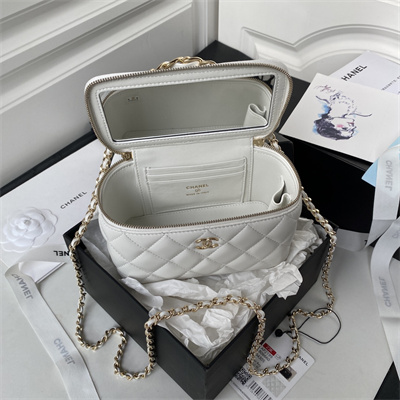 Cha.nel Vanity Case With Top Handle Lambskin Gold Tone Metal White AP2199